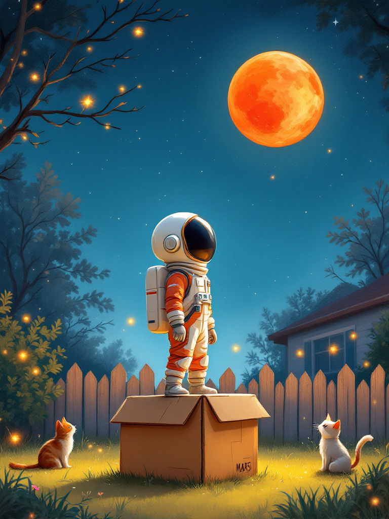 Mars Fever book cover: a small astronaut standing on a cardboard rocket in a backyard, looking up at Mars