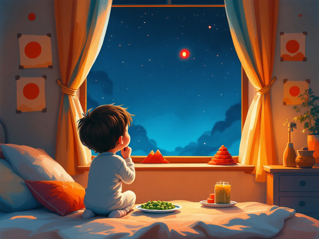 A child at their bedroom window at night, watching a red dot in the sky
