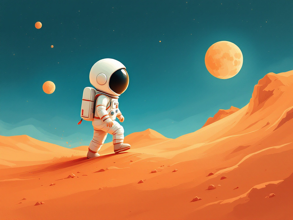 A small astronaut stepping onto untouched Mars sand