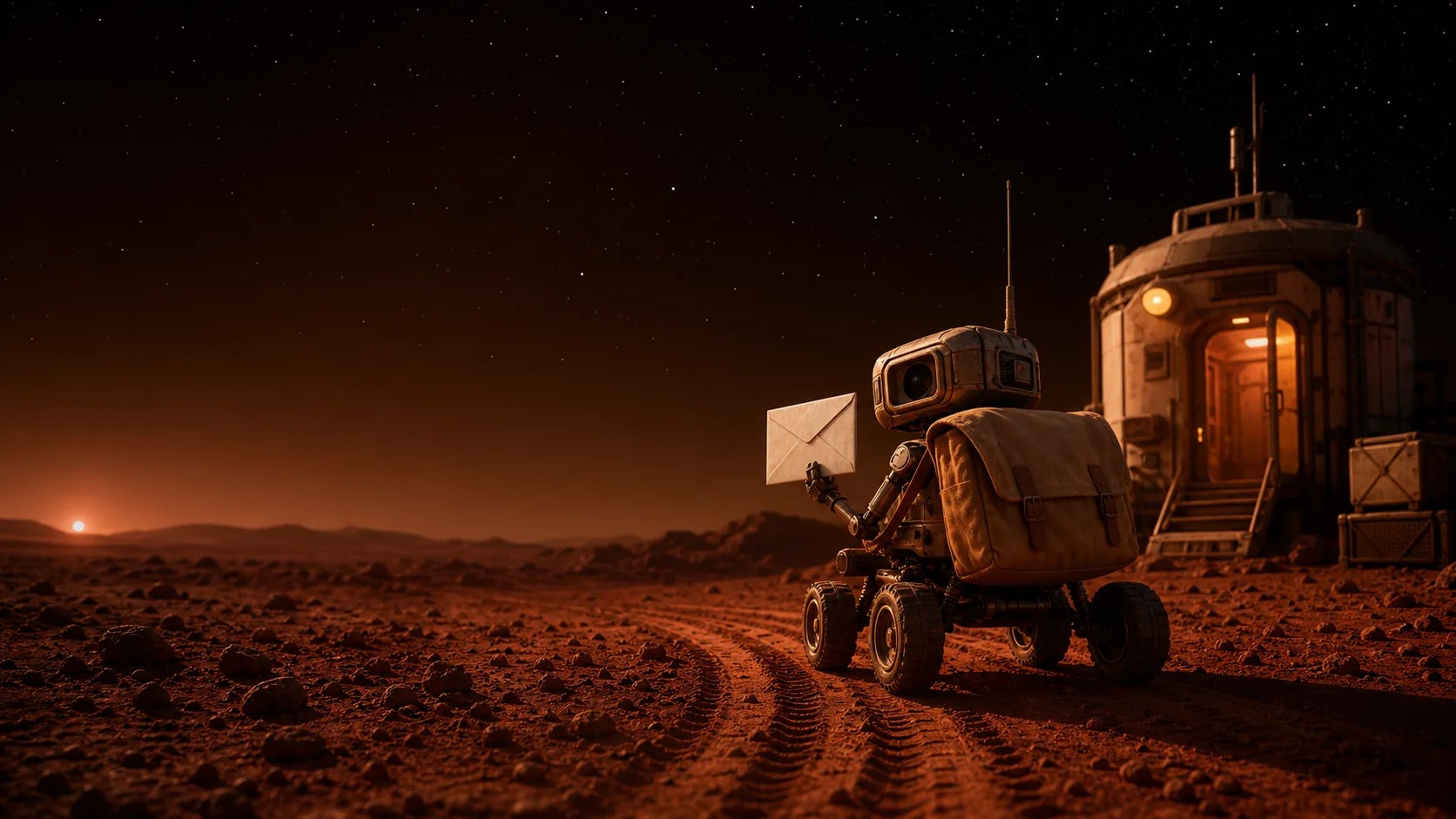 A rover mail carrier delivering a blank envelope beside a glowing outpost on Mars